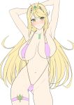  1girl arms_behind_head bikini blonde_hair blush breasts chest_jewel earrings gem harukon_(halcon) headpiece highres hikari_(xenoblade_2) jewelry large_breasts long_hair looking_at_viewer simple_background solo swimsuit thigh_strap tiara xenoblade_(series) xenoblade_2 yellow_eyes 