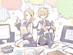  1boy 1girl arm_warmers bangs bare_shoulders black_collar black_shorts black_sleeves blonde_hair blue_eyes book bookmark bow collar commentary crop_top eighth_note hair_bow hair_ornament hairclip hand_up handheld_game_console headphones holding holding_folder holding_handheld_game_console holding_pen kagamine_len kagamine_rin knees_up leg_warmers looking_at_viewer monitor musical_note musical_note_print neckerchief necktie nintendo_switch paper pen polka_dot sailor_collar school_uniform shirt short_hair short_ponytail short_shorts short_sleeves shorts shoulder_tattoo sitting sleeveless sleeveless_shirt sparkle speaker speech_bubble spiked_hair striped suzumi_(fallxalice) swept_bangs tattoo thought_bubble vocaloid wariza white_bow white_shirt yellow_neckwear 