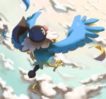  bird bird_focus black_eyes chatot cloud cloudy_sky commentary creature day english_commentary feathers flying from_above full_body gen_4_pokemon looking_at_viewer looking_back no_humans pinkgermy pokemon pokemon_(creature) sky solo 