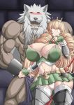  absurd_res areola areola_slip big_breasts blonde_hair bottomwear breasts camel_toe cleavage clothed clothing duo elf female hair hi_res huge_breasts humanoid male melee_weapon miniskirt muscular muscular_male panties questzer skirt sword underwear weapon wide_hips 