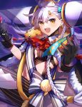  1girl black_gloves braid breasts earrings fate/grand_order fate_(series) gloves hair_ornament hat highres horn jewelry medium_breasts ohitashi_netsurou olga_marie_animusphere open_mouth side_braid single_braid smile solo u-olga_marie white_hair yellow_eyes 