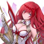  1girl armor bangs bare_shoulders bow breasts cleavage closed_mouth detached_collar elbow_gloves eyebrows_visible_through_hair gauntlets gloves godguard_brodia granblue_fantasy highres holding holding_weapon large_breasts long_hair looking_at_viewer purple_eyes red_bow red_hair simple_background solo upper_body weapon white_background white_gloves yuki7128 