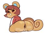  2020 animal_crossing anthro anus beady_eyes big_butt blush bottomless brown_body brown_fur brown_hair buckteeth butt clothed clothing curled_tail eyebrows eyelashes female fur genitals hair hazel_(animal_crossing) iaredumbo leaning leaning_forward looking_back mammal nintendo pussy rear_view rodent sciurid solo steam teeth tracksuit tree_squirrel unibrow video_games 