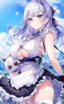  1girl apron azur_lane bangs bare_shoulders black_hairband blush breasts character_doll closed_mouth dido_(azur_lane) earrings eyebrows_visible_through_hair floating_hair frilled_apron frills hairband heart heart_earrings jewelry lace-trimmed_hairband large_breasts long_hair looking_at_viewer maid narae no_panties outdoors purple_eyes silver_hair sirius_(azur_lane) sleeveless solo standing thighhighs thighs underboob underboob_cutout waist_apron water wet white_apron white_legwear 