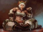  1girl abs baggy_pants bandaged_arm bandages bangs bare_shoulders beads biceps black_hair blunt_bangs boots dark_skin fire_emblem fire_emblem_fates full_body fur_trim highres indian_style long_hair mask mask_on_head midriff multicolored_hair muscle muscular_female navel oni_mask pants prayer_beads red_eyes red_hair rinkah_(fire_emblem) sarashi sitting solo two-tone_hair ujac vambraces whisker_markings white_hair 