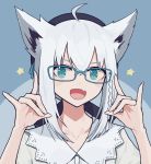  1girl :d ahoge animal_ear_fluff animal_ears aqua_eyes bangs beret bespectacled black_headwear blue-framed_eyewear blue_background braid collarbone fang fox_ears fox_shadow_puppet glasses hat highres hololive looking_at_viewer open_mouth papaia_(quentingqoo) portrait shirakami_fubuki shirt short_hair side_braid silver_hair skin_fang smile solo star star_in_eye symbol_in_eye two-tone_background v-shaped_eyebrows virtual_youtuber white_shirt 
