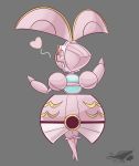  commentary creature english_commentary from_behind full_body gen_7_pokemon grey_background heart highres looking_at_viewer looking_back magearna magearna_(normal) mythical_pokemon no_humans pink_theme pokemon pokemon_(creature) simple_background sol-lar-bink solo standing 