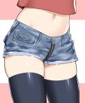  1girl black_legwear blue_shorts crop_top crop_top_overhang cutoffs denim denim_shorts highres lower_body midriff navel original red_shirt shirt short_shorts shorts skindentation sky_(freedom) solo standing stomach thighhighs thighs 