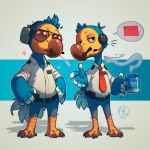  1:1 2020 animal_crossing anthro avian beak belt bird brother clothing columbid cup dodo duo eyewear headphones male mlarty_(artist) necktie nintendo orville_(animal_crossing) pictographics sibling speech_bubble sunglasses video_games wilbur_(animal_crossing) 