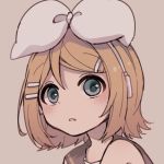  1girl bangs bare_shoulders beige_background blonde_hair blue_eyes bow expressionless grey_collar hair_bow headphones kagamine_rin looking_at_viewer parted_lips portrait sailor_collar sazanami_(ripple1996) short_hair solo swept_bangs vocaloid 