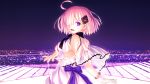  dress eyes_visible_through_hair fate/grand_order fate_(series) hair_ornament hairclip highres lavender_hair mash_kyrielight official_art one_eye_covered open_mouth purple_eyes reaching_out short_hair smile takeuchi_takashi white_dress 