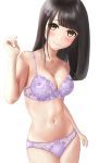  1girl absurdres bangs bare_arms black_hair blunt_bangs blush bow bow_bra bow_panties bra breasts cleavage eyes_visible_through_hair floral_print hair_ornament hair_over_one_eye hairclip highres lavender_bra lavender_panties long_hair looking_at_viewer medium_breasts mole mole_on_breast navel original panties simple_background smile solo underwear underwear_only white_background yellow_eyes yurugumo 