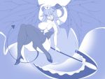  4:3 big_breasts blue_and_white breasts camel_toe clothing demon demon_humanoid female footwear hair high_heels humanoid long_hair melee_weapon membrane_(anatomy) membranous_wings monochrome polearm questzer scythe shoes solo spade_tail weapon wings 