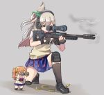  2girls binoculars chibi eyebrows_visible_through_hair green_ribbon grey_hair gun hair_ribbon knee_pads kneehighs kousaka_honoka love_live! love_live!_school_idol_project minami_kotori multiple_girls muse_loss orange_hair ribbon rifle school_uniform serafuku shell_casing simple_background skirt sniper_rifle sweater_vest weapon yellow_eyes yellow_ribbon 