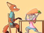  2020 anthro bottomwear canid canine carrot chair clothed clothing disney duo food fox fully_clothed fur furniture gloves_(marking) grey_body grey_fur hi_res holding_food holding_object inner_ear_fluff judy_hopps lagomorph leg_markings leporid mammal markings open_mouth open_smile orange_body orange_fur plant plate rabbit red_fox shirt shorts simple_background sitting smile socks_(marking) standing t-shirt table topwear tuft vegetable yellow_background zhan zootopia 