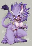  anthro belladonna_(trials_of_mana) black_sclera breasts claws crouching ear_piercing ear_ring felid feline female fur gem ikuta_takanon inner_ear_fluff jewelry licking looking_at_viewer mammal mana_(series) mane nude piercing purple_body purple_fur self_lick solo square_enix tail_tuft tongue tongue_out tuft video_games 
