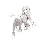  1girl breasts closed_mouth dated ejami greyscale legs long_hair looking_at_viewer monochrome shoes signature simple_background skirt sneakers solo thighhighs white_background 