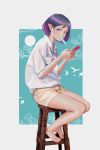  1girl absurdres barefoot blue_eyes blush cellphone collared_shirt feet food full_body highres holding holding_phone looking_at_viewer mole mole_under_eye original phone pointy_ears popsicle purple_hair qizhu revision shirt short_hair short_sleeves shorts sitting smartphone solo stool white_shirt 
