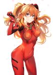  1girl ass_visible_through_thighs baisi_shaonian blue_eyes breasts covered_navel hair_between_eyes highres looking_at_viewer neon_genesis_evangelion original plugsuit simple_background smile solo souryuu_asuka_langley two_side_up white_background 