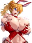  1girl 2020 amania_orz animal_ears bare_shoulders blonde_hair blue_eyes bow bowtie breasts bunny_ears bunny_tail cleavage dated deep_skin excellen_browning highres huge_breasts midriff navel ponytail red_neckwear simple_background skindentation solo super_robot_wars super_robot_wars_original_generation tail twitter_username 