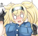  1girl bangs black_gloves blonde_hair blue_shirt blush breast_pocket breasts buttons collared_shirt commentary_request crying crying_with_eyes_open dated eyebrows_visible_through_hair gambier_bay_(kantai_collection) gloves hair_between_eyes hairband hands_up kantai_collection large_breasts long_hair multicolored multicolored_clothes multicolored_gloves nose_blush o_o open_mouth outline pocket shirt short_sleeves sidelocks signature simple_background solo square_mouth tears tk8d32 twintails upper_body wavy_mouth white_background white_gloves 