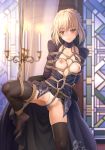 1girl arms_behind_back artoria_pendragon_(all) bangs bdsm black_legwear blonde_hair blush bondage bound bound_arms bound_leg braid breasts breasts_outside closed_mouth crotch_rope denhijou_niki english_commentary eyebrows_visible_through_hair fate/grand_order fate_(series) french_braid highres indoors leg_lift long_sleeves nipples no_bra no_shoes open_clothes open_shirt panties puffy_sleeves rope saber_alter shibari shibari_over_clothes skirt skirt_lift smile solo standing standing_on_one_leg suspension thighhighs underwear white_panties yellow_eyes 