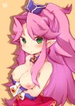  1girl angela_(seiken_densetsu_3) bangs breast_hold breasts breasts_outside crossed_arms detached_collar eyebrows_visible_through_hair gloves green_eyes hat long_hair looking_at_viewer medium_breasts mini_hat nipples parted_bangs pink_hair pointy_ears purple_gloves reku seiken_densetsu seiken_densetsu_3 solo yellow_background 