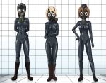  3girls arm_at_side arms_behind_back blonde_hair blue_eyes bodysuit boots braid brown_eyes brown_hair commentary_request contrapposto darjeeling_(girls_und_panzer) eyebrows_visible_through_hair garrison_cap gas_mask girls_und_panzer hair_between_eyes hand_on_hip hat highres latex latex_bodysuit legs_apart legs_together looking_at_viewer multiple_girls nishizumi_maho nonna_(girls_und_panzer) shiny shiny_clothes short_hair skin_tight tamakko twin_braids zipper 