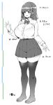  1girl blush bra breasts character_request copyright_request full_body greyscale large_breasts measurements medium_hair monochrome oohira_sunset panties pleated_skirt see-through skirt solo standing thighhighs underwear uniform wide_hips 