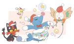  bird brionne cat christmas commentary_request creature cutiefly flying full_body gen_7_pokemon hat jaho litten no_humans pokemon pokemon_(creature) rowlet santa_hat simple_background star white_background yarn yarn_ball 