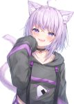  1girl :3 ahoge animal_ear_fluff animal_ears black_choker black_hoodie blush breasts cat_ears cat_tail cheek_squash choker commentary cowboy_shot eyebrows_visible_through_hair fang hair_between_eyes hand_on_own_cheek hand_on_own_face highres hololive lavender_hair looking_at_viewer medium_breasts medium_hair midriff nekomata_okayu onigiri_print open_mouth pants purple_eyes sleeves_past_fingers sleeves_past_wrists smile solo tail topia virtual_youtuber white_pants 
