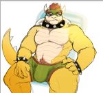  5_fingers anthro bluesh bowser bracelet bulge clothing collar eyewear fingers jewelry koopa looking_at_viewer male mario_bros muscular muscular_male nintendo pecs pubes scalie simple_background sitting solo spiked_bracelet spiked_collar spikes sunglasses teeth underwear video_games wristband yellow_body 