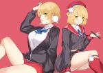  2girls :d blonde_hair breasts dual_persona green_eyes hair_ornament hat highres jacket knee_up leg_strap long_sleeves multiple_girls open_clothes open_jacket open_mouth red_background shigure_ui_(channel) shigure_ui_(vtuber) sitting skirt smile stylus virtual_youtuber yykuaixian 