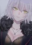  1girl bangs breasts cleavage dress fate/grand_order fate_(series) fur_collar fur_trim grey_background highres jeanne_d&#039;arc_(alter)_(fate) jeanne_d&#039;arc_(fate)_(all) jewelry large_breasts necklace sad short_hair silver_hair sushimaro tsurime wicked_dragon_witch_ver._shinjuku_1999 yellow_eyes 