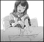  1girl bangs black_border blush border braid clitoral_stimulation closed_eyes clothed_masturbation emonyu eyebrows_visible_through_hair female_ejaculation greyscale hair_ribbon highres isonami_(kantai_collection) kantai_collection long_hair masturbation monochrome motion_lines nose_blush open_mouth panties pillow pubic_hair pussy_juice pussy_juice_stain ribbon sailor_collar school_uniform serafuku short_sleeves simple_background sitting skirt solo spread_legs sweat twin_braids underwear wet wet_clothes wet_panties 
