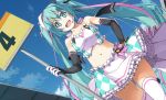  1girl bare_hips earphones elbow_gloves gloves green_eyes green_hair hatsune_miku highres holding holding_sign looking_at_viewer racing_miku shikei sign skirt smile solo thighhighs twintails 