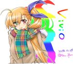  1girl :p ahoge alternate_costume blonde_hair blue_ribbon blush brown_coat casual character_name coat commentary_request dated green_eyes hair_ribbon heterochromia hood hood_down hooded_coat long_hair lyrical_nanoha mahou_shoujo_lyrical_nanoha_strikers mahou_shoujo_lyrical_nanoha_vivid older rainbow_gradient rainbow_scarf red_eyes ribbon san-pon scarf side_ponytail solo tongue tongue_out twitter_username upper_body very_long_hair vivio white_background 