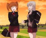  2girls adapted_uniform arms_behind_back bag bangs black_jacket blue_eyes blurry blurry_background bow bowtie bridge brown_hair brown_sweater cloud cloudy_sky commentary day depth_of_field dress_shirt dusk eyebrows_visible_through_hair fusion girls_und_panzer girls_und_panzer_phase_erika grey_shirt hair_bobbles hair_ornament highres holding holding_bag itsumi_erika jacket kuromorimine_military_uniform kuromorimine_school_uniform long_sleeves looking_at_another medium_hair miniskirt multiple_girls object_behind_back open_clothes open_jacket open_mouth orange_sky outdoors over_shoulder pleated_skirt red_neckwear red_skirt river rou_leila school_bag school_uniform shirt silver_hair skirt sky smile standing sweater twintails wani02 winter_uniform 
