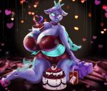  &lt;3 anthro areola areola_slip arthropod big_breasts blue_body breasts cake changeling cleavage clothed clothing collar female food friendship_is_magic gift huge_breasts kneeling mdwines my_little_pony sektiss 