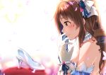  1girl absurdres bare_shoulders blush bow brown_eyes brown_hair cherry_blossoms collarbone crying crying_with_eyes_open glass_slipper gloves hair_bow hair_ornament high_heels highres idolmaster idolmaster_cinderella_girls idolmaster_cinderella_girls_starlight_stage omochi_(k-on1991) shimamura_uzuki solo tearing_up tears white_gloves 
