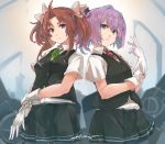  2girls ahoge akicosmossakasa back-to-back bike_shorts black_shorts black_skirt black_vest blue_eyes blurry brown_hair depth_of_field gloves green_neckwear green_ribbon hair_ribbon highres kagerou_(kantai_collection) kantai_collection long_hair multiple_girls neck_ribbon pink_hair pleated_skirt ponytail remodel_(kantai_collection) ribbon school_uniform shiranui_(kantai_collection) shirt short_hair short_sleeves shorts shorts_under_skirt skirt twintails vest white_gloves white_ribbon white_shirt yellow_ribbon 