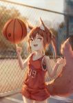  1girl absurdres animal_ears basketball basketball_uniform blurry chain-link_fence collarbone depth_of_field fence fuyume_fuyume highres original ponytail red_hair shorts spinning sportswear tail undershirt 