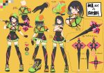  asahoshi_mei badge black_gloves black_hair black_legwear breasts busou_kanojo cleavage concept_art covering covering_breasts frown full_body gloves green_eyes hair_ornament hairclip hat large_breasts mace memento_vivi shoes short_hair short_sleeves sketch skirt smile sneakers thighhighs topless virtual_youtuber weapon yellow_background 