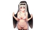  arknights blush bra breasts cleavage gray_hair headdress long_hair nun panties red_eyes rix2118 specter_(arknights) thighhighs underwear white 