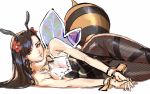  1girl alternate_costume antennae bee_costume black_leotard breasts brown_hair cleavage curvy fake_wings final_fantasy final_fantasy_vii final_fantasy_vii_remake fishnet_legwear fishnets flower hair_flower hair_ornament highleg highleg_leotard highres insect_wings james_ghio large_breasts leotard lips lying nose on_side pantyhose red_eyes see-through solo tifa_lockhart v_arms wings wrist_cuffs 