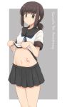  1girl anniversary black_hair black_sailor_collar blue_skirt commentary_request copyright_name cowboy_shot fubuki_(kantai_collection) green_eyes grey_background groin kantai_collection kugui_kiyunemu lifted_by_self long_hair looking_at_viewer low_ponytail navel pleated_skirt ponytail remodel_(kantai_collection) sailor_collar school_uniform serafuku shirt_lift short_ponytail sidelocks skirt smile solo standing two-tone_background white_background 
