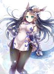  1girl absurdres animal_ears aqua_eyes black_hair black_legwear blue_gloves brass_knuckles china_dress chinese_clothes dragon_ears dragon_girl dragon_horns dragon_tail dress fingerless_gloves gloves head_fins highres horns kanataww karin_(p&amp;d) pantyhose puzzle_&amp;_dragons spiked_knuckles tail weapon 