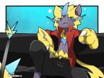 abstract_background claws clothing fur furniture guitar hi_res legendary_pok&eacute;mon looking_at_viewer male musical_instrument nintendo open_mouth pc-doodle plucked_string_instrument pok&eacute;mon pok&eacute;mon_(species) sofa solo spread_legs spreading string_instrument video_games zeraora 