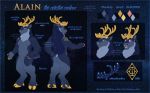  5_fingers ahoge_(artist) alain_(stellarstag) anthro antlers blush capreoline cervid digital_media_(artwork) english_text fingers fur hair hi_res hooves horn male mammal model_sheet nude open_mouth piercing reindeer simple_background solo standing tattoo teeth text tongue 