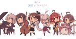  6+girls ahoge arashi_(kantai_collection) asashimo_(kantai_collection) bangs black_legwear black_vest blunt_bangs blush brown_hair chibi drum drum_set drumsticks hair_over_one_eye instrument isonami_(kantai_collection) kantai_collection kishinami_(kantai_collection) kneehighs long_hair multiple_girls music nowaki_(kantai_collection) open_mouth pantyhose piano playing_instrument pleated_skirt ponytail red_hair sailor_collar saxophone school_uniform serafuku sharp_teeth shikinami_(kantai_collection) shirt short_hair silver_hair simple_background skirt smile teeth thighhighs vest white_background white_shirt yuzuki_gao 